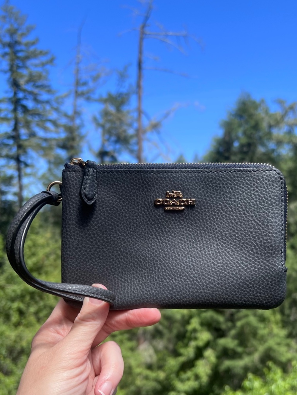 COACH Navy Pebbled Leather Wristlet Cardholder Pouch Wallet Gold Hardware